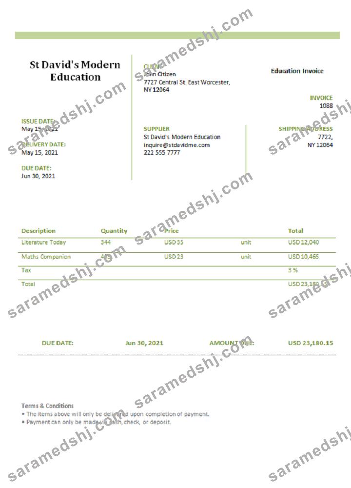 USA St David’s Modern Education invoice